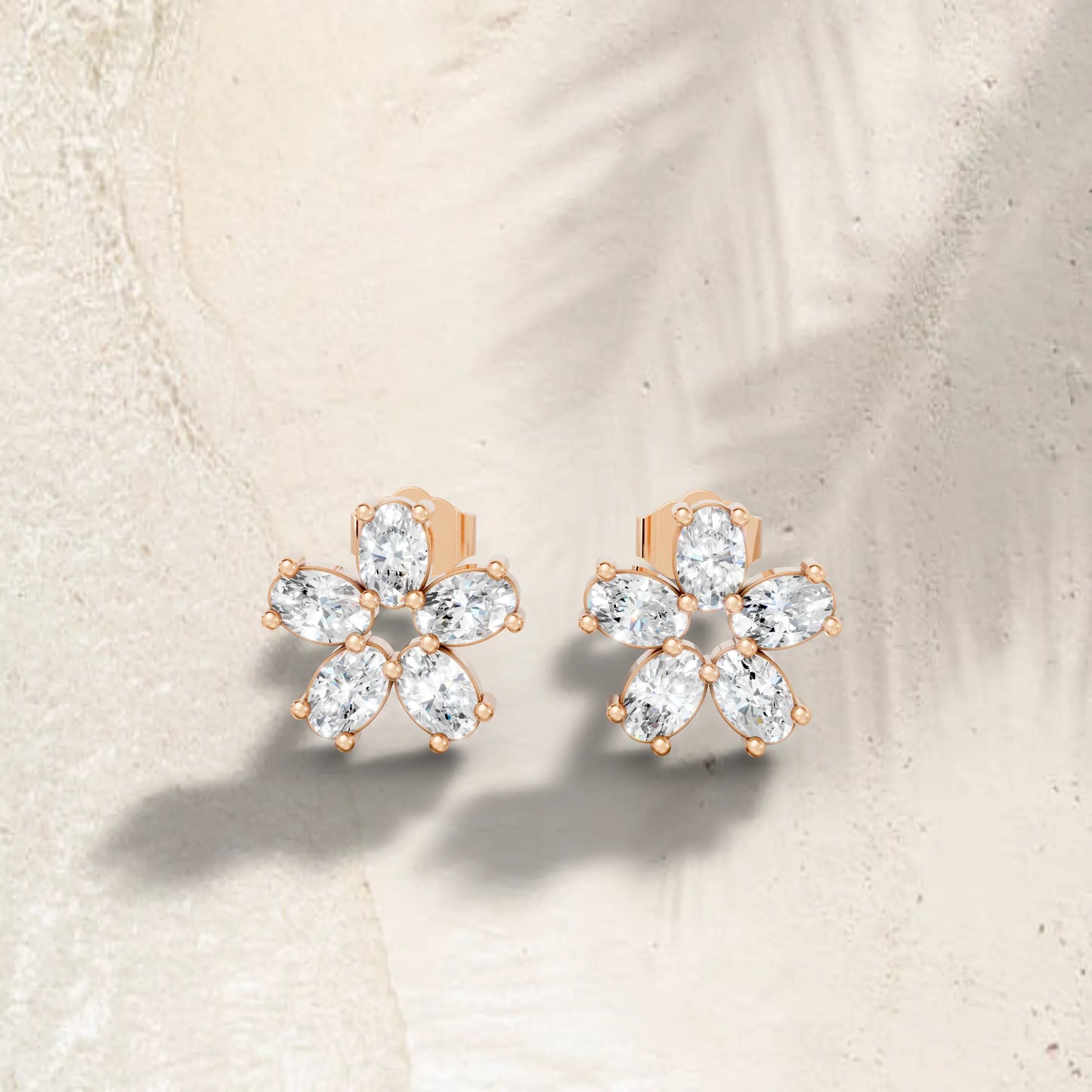 14K Gold Oval Cut Diamond Flower Cluster Stud Earring