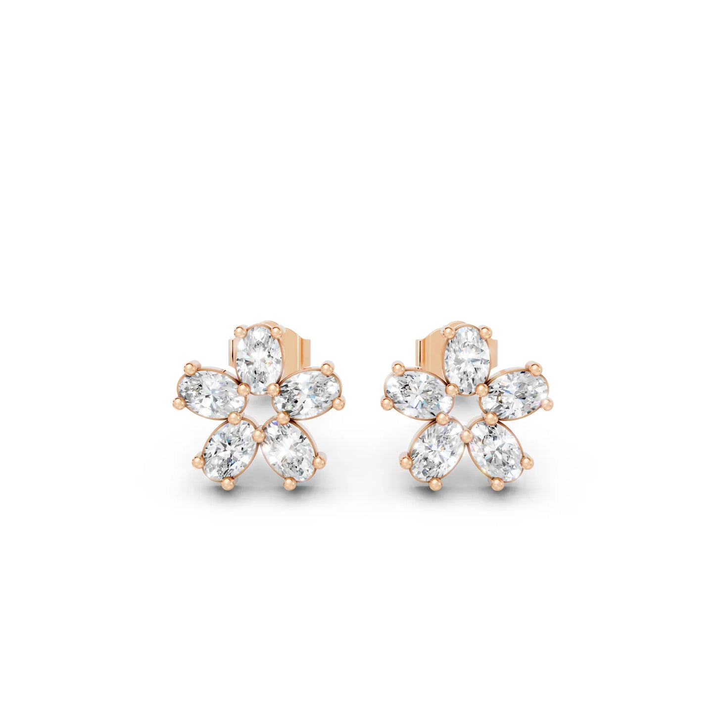 14K Gold Oval Cut Diamond Flower Cluster Stud Earring