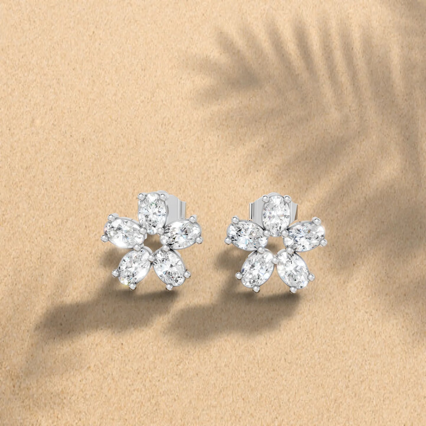 14K Gold Oval Cut Diamond Flower Cluster Stud Earring