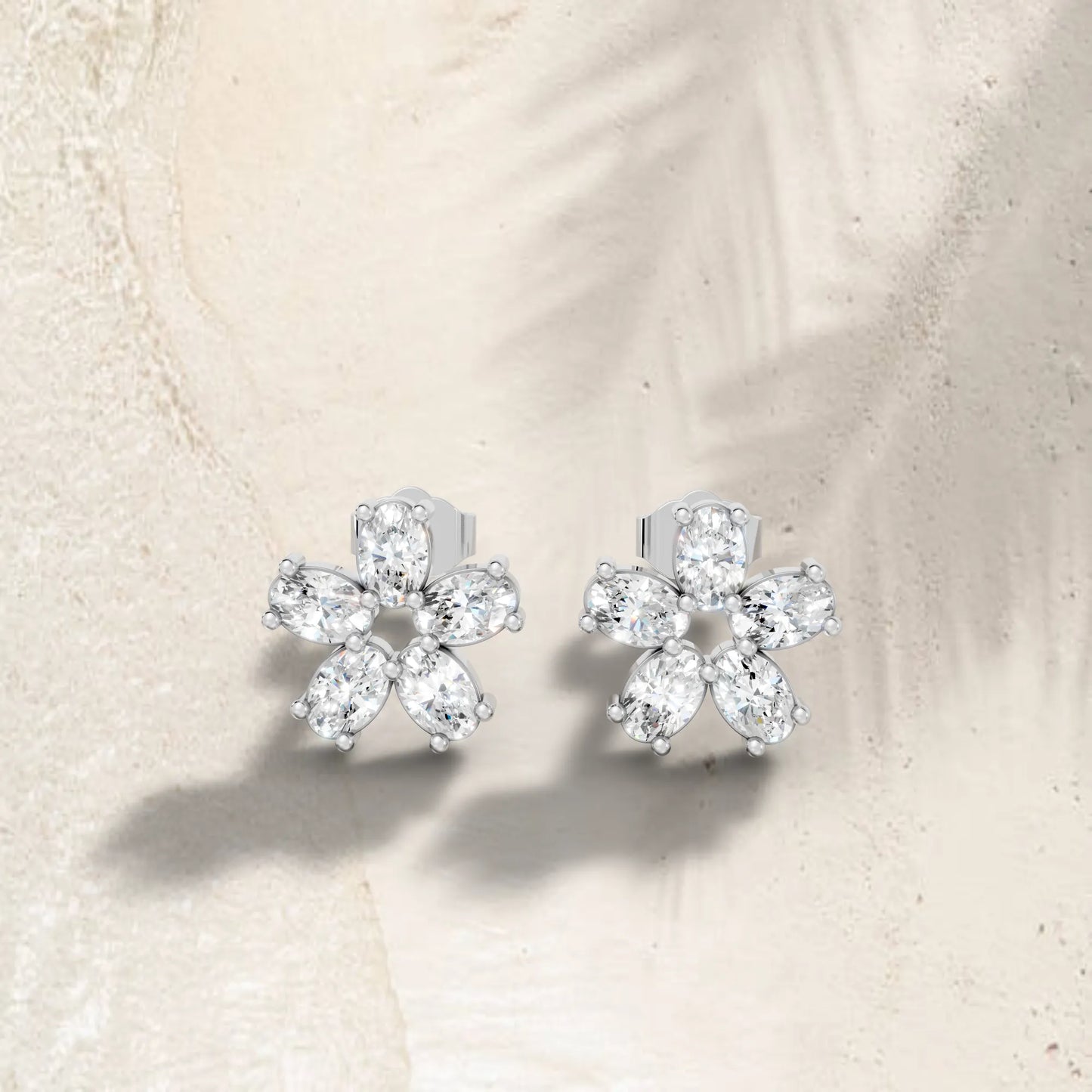 14K Gold Oval Cut Diamond Flower Cluster Stud Earring