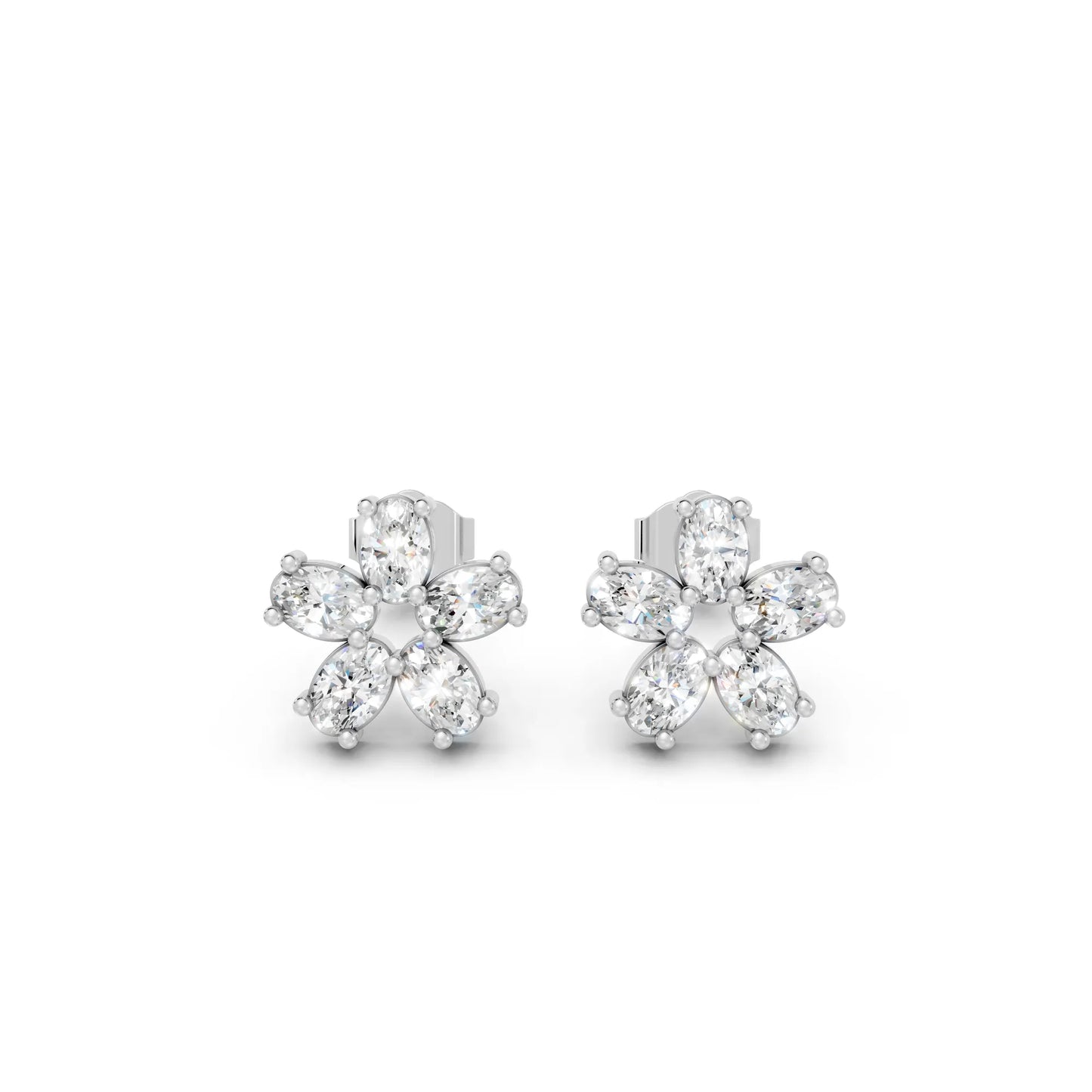 14K Gold Oval Cut Diamond Flower Cluster Stud Earring