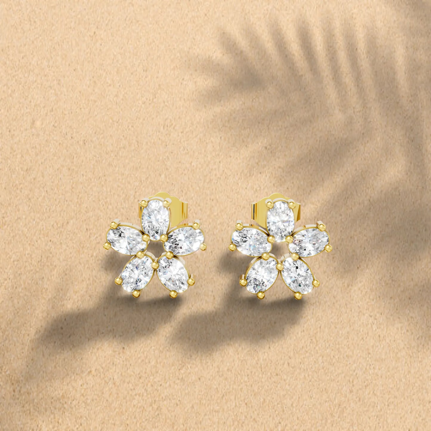 14K Gold Oval Cut Diamond Flower Cluster Stud Earring