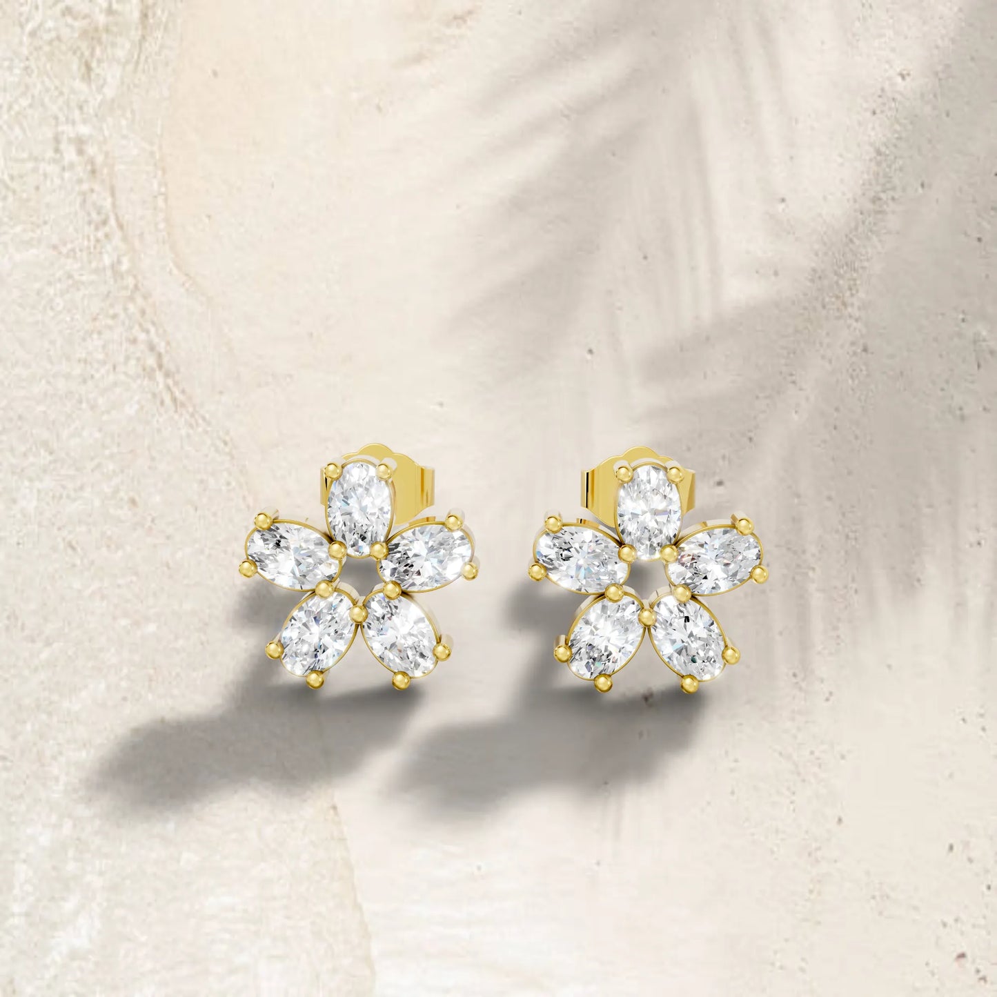 14K Gold Oval Cut Diamond Flower Cluster Stud Earring