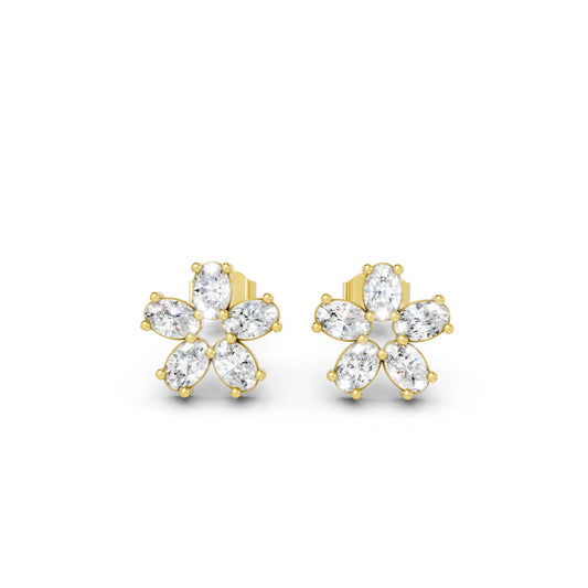 14K Gold Oval Cut Diamond Flower Cluster Stud Earring