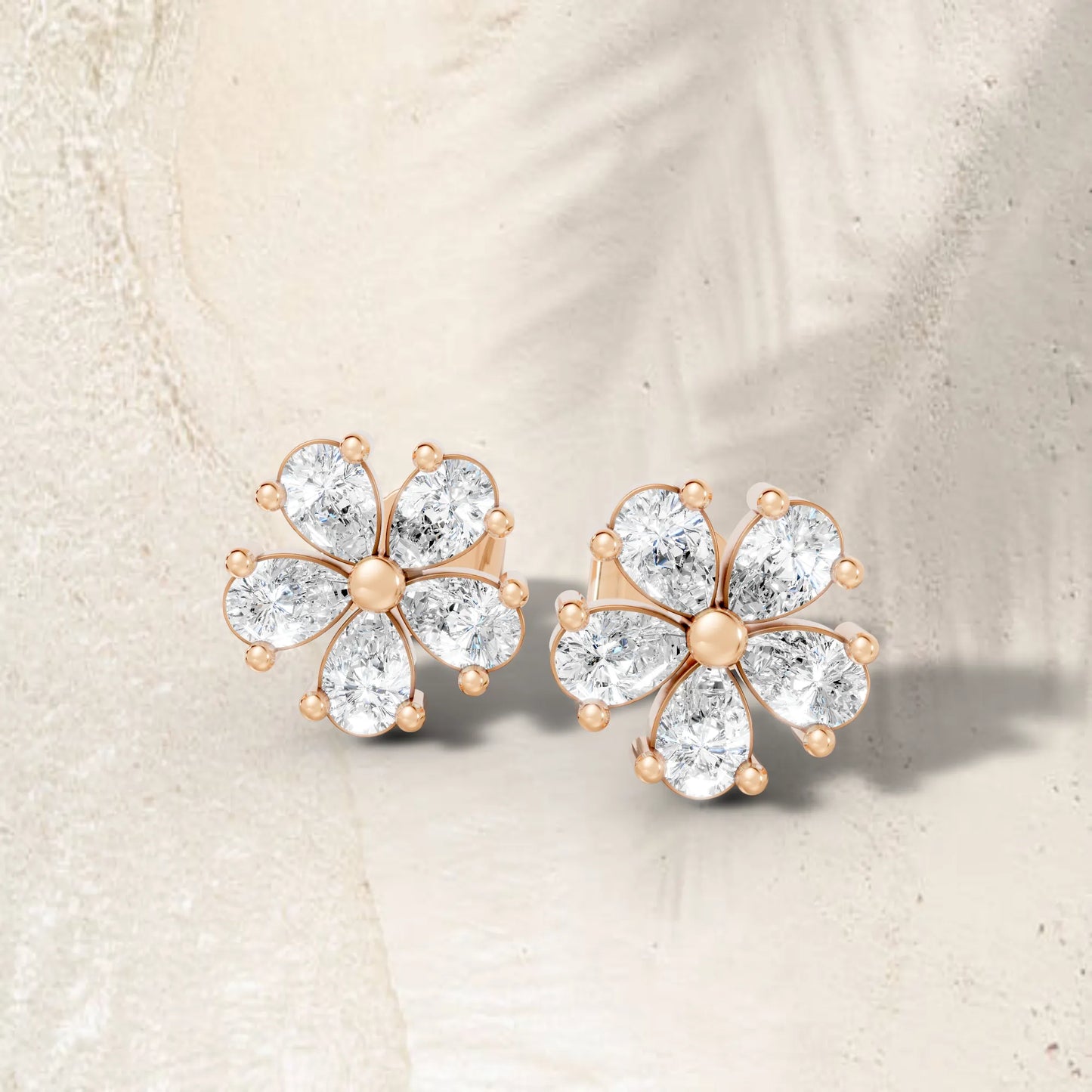 14K Gold Pear Cut Diamond Flower Cluster Stud Earring