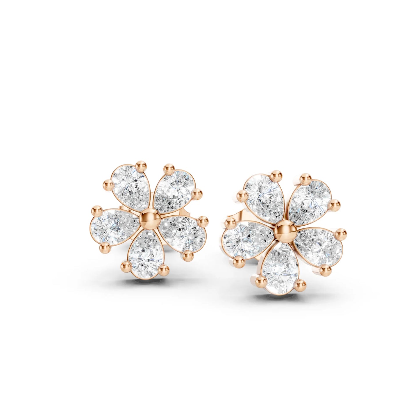 14K Gold Pear Cut Diamond Flower Cluster Stud Earring
