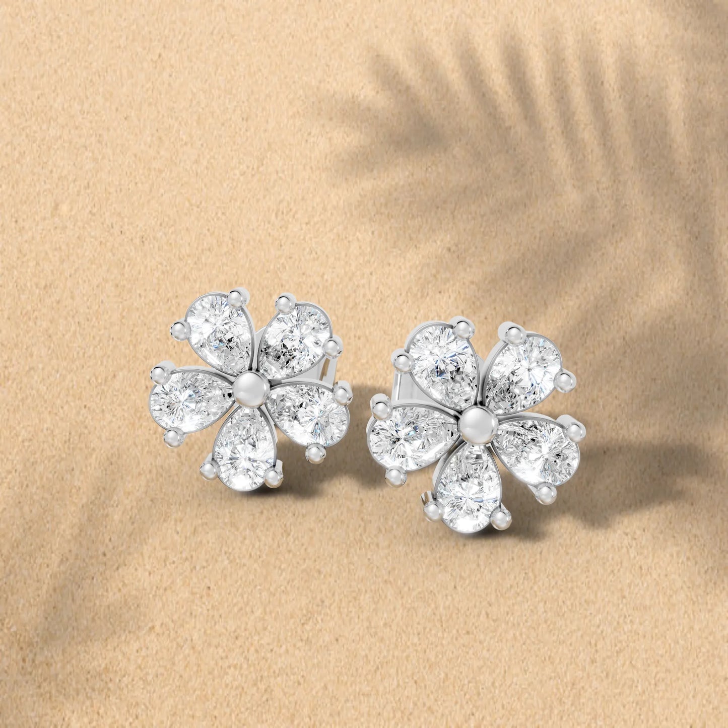 14K Gold Pear Cut Diamond Flower Cluster Stud Earring