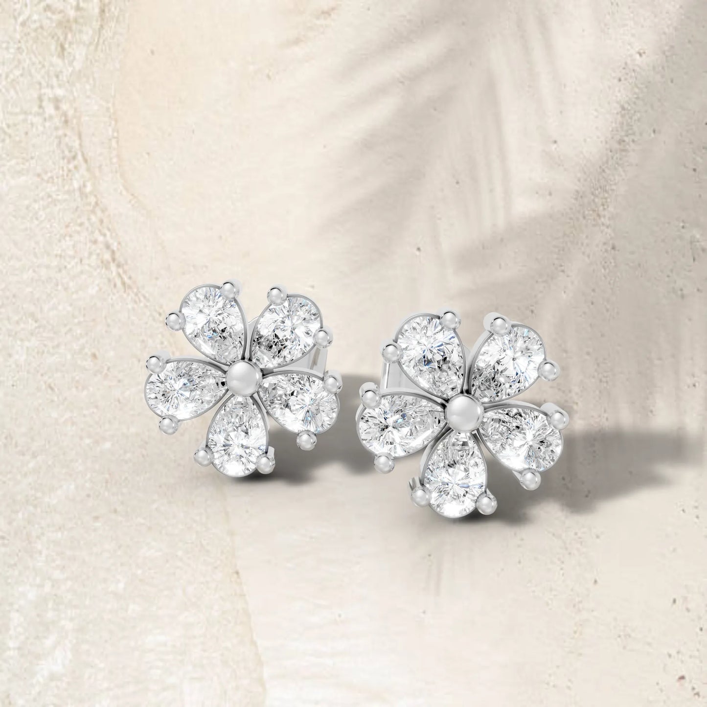 14K Gold Pear Cut Diamond Flower Cluster Stud Earring