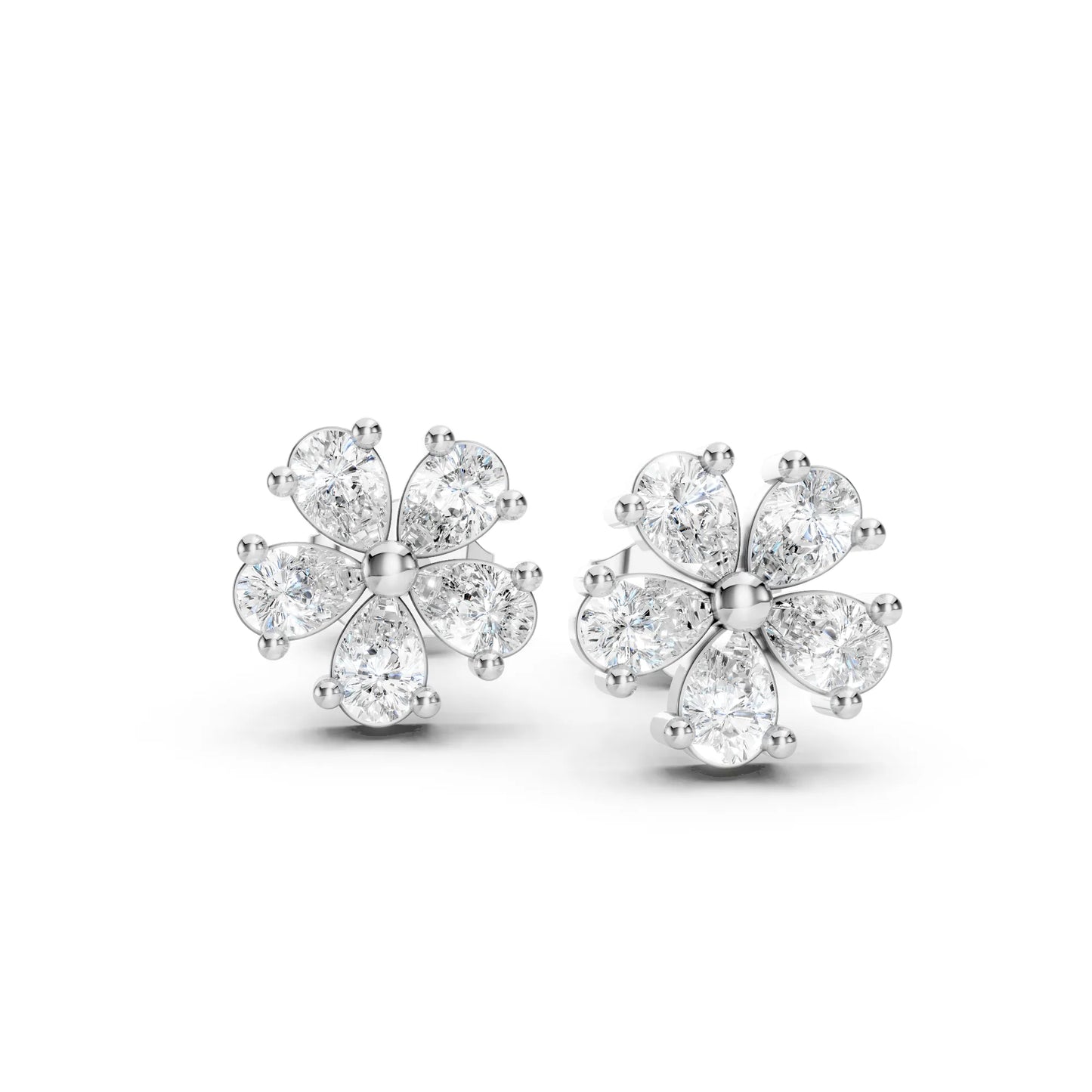14K Gold Pear Cut Diamond Flower Cluster Stud Earring