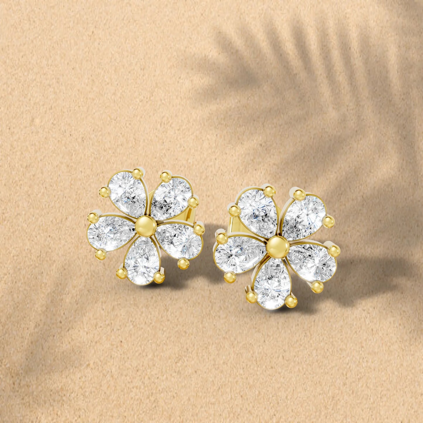 14K Gold Pear Cut Diamond Flower Cluster Stud Earring