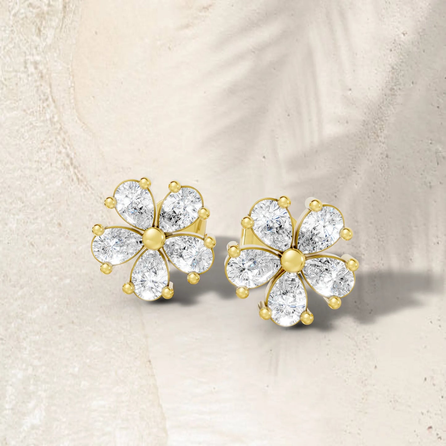 14K Gold Pear Cut Diamond Flower Cluster Stud Earring