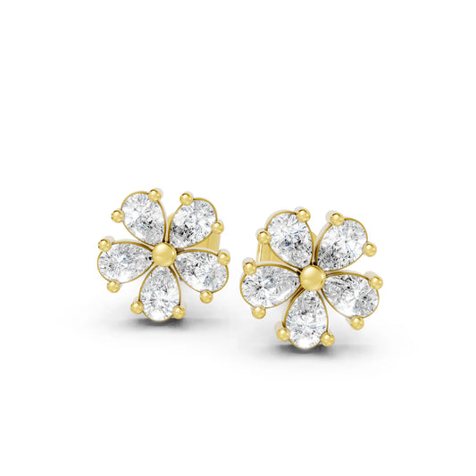 14K Gold Pear Cut Diamond Flower Cluster Stud Earring