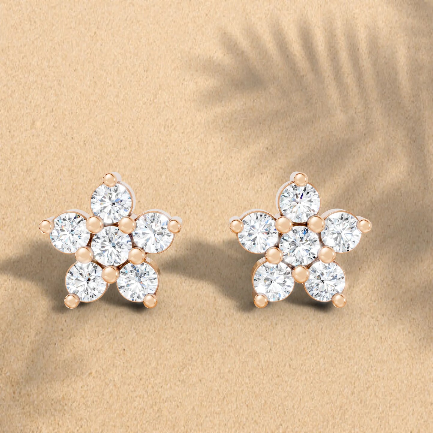 14K Gold Round Cut Diamond Flower Cluster Stud Earring