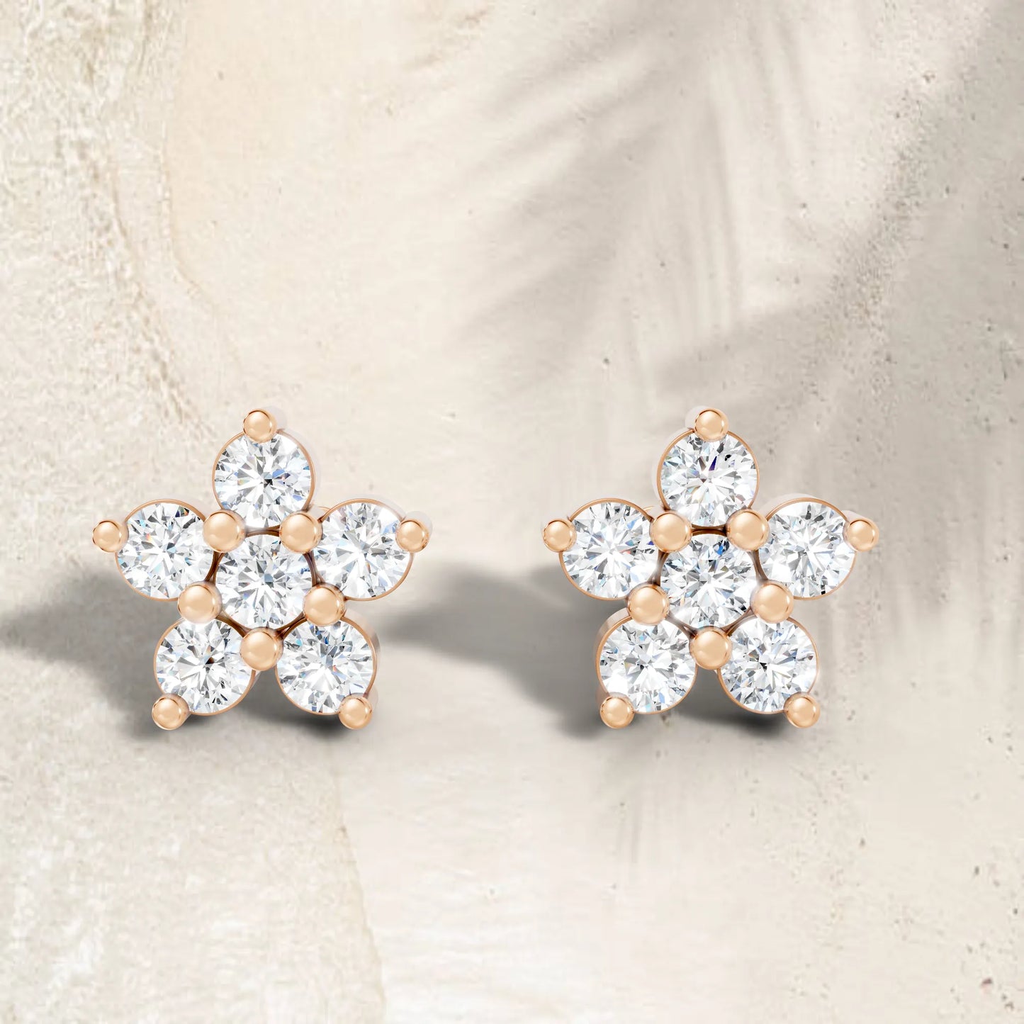14K Gold Round Cut Diamond Flower Cluster Stud Earring