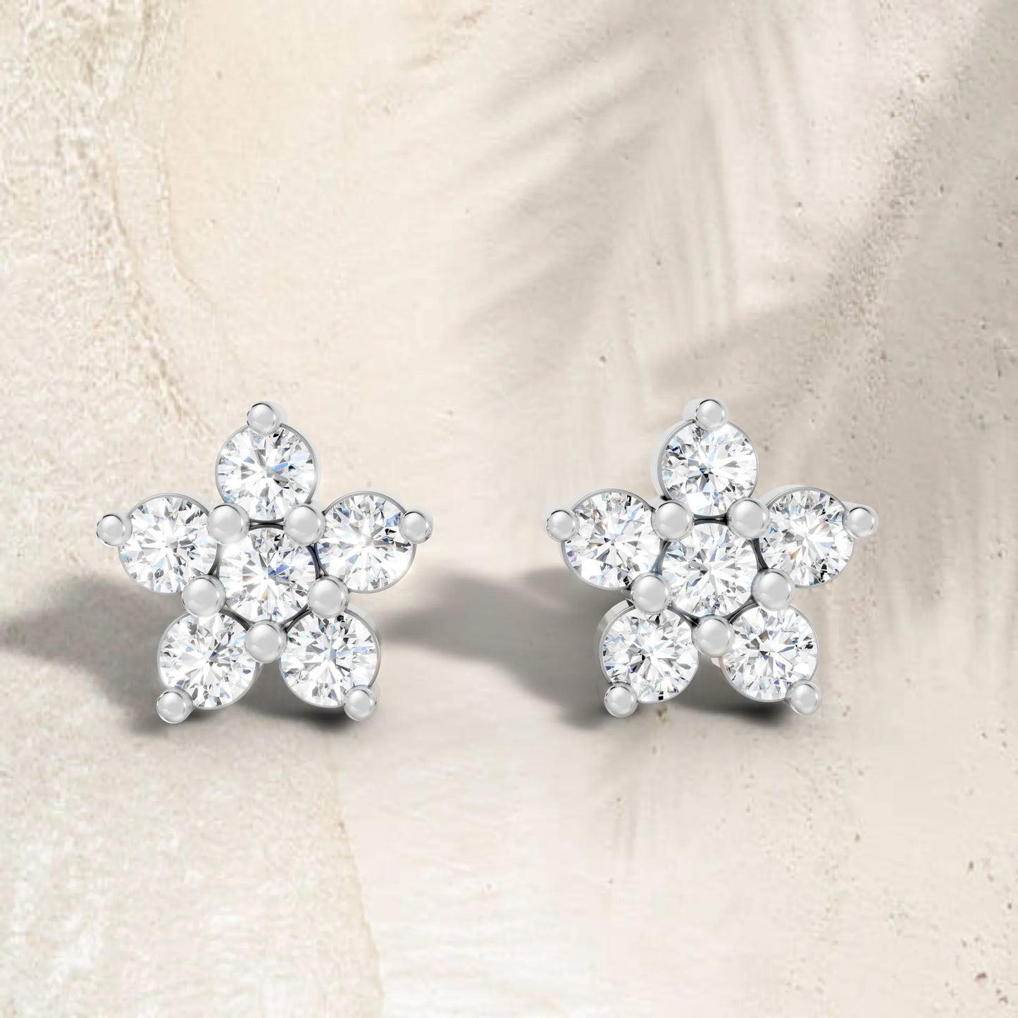 14K Gold Round Cut Diamond Flower Cluster Stud Earring