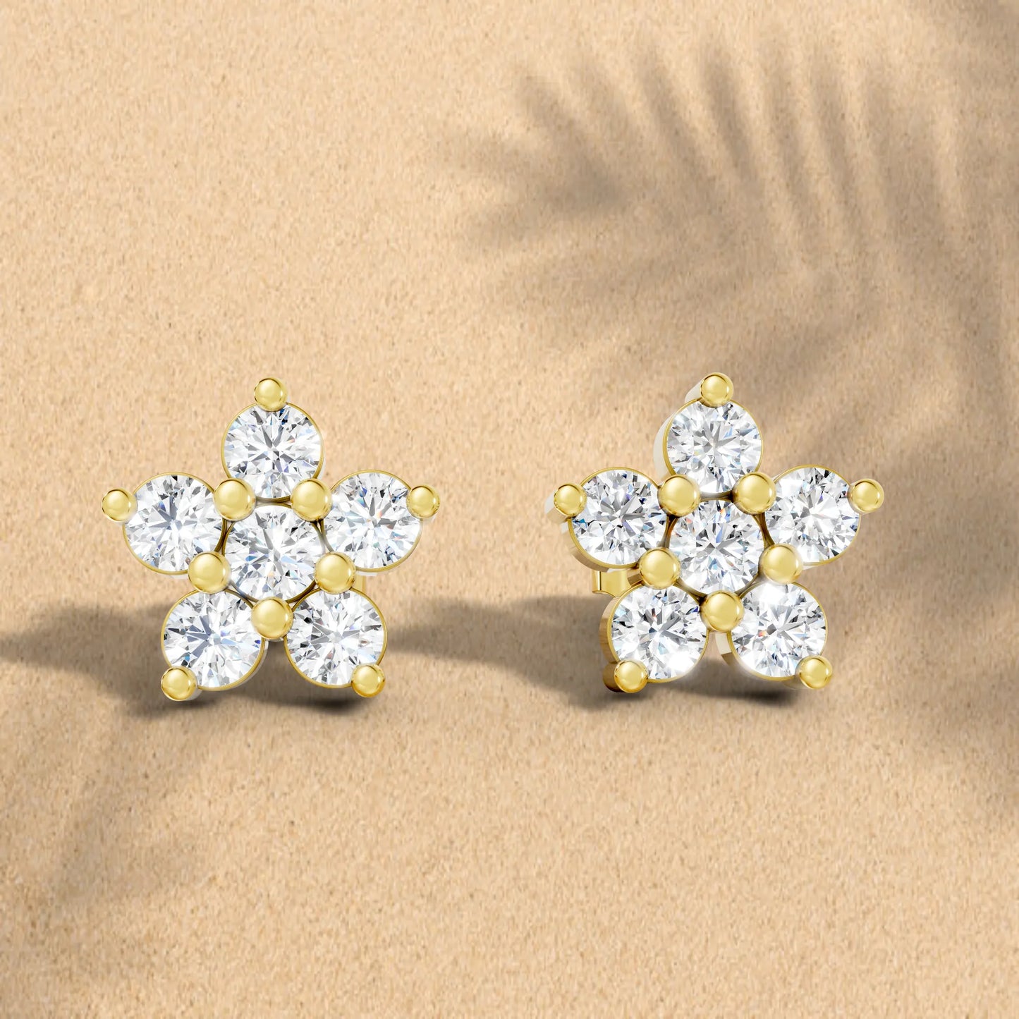 14K Gold Round Cut Diamond Flower Cluster Stud Earring