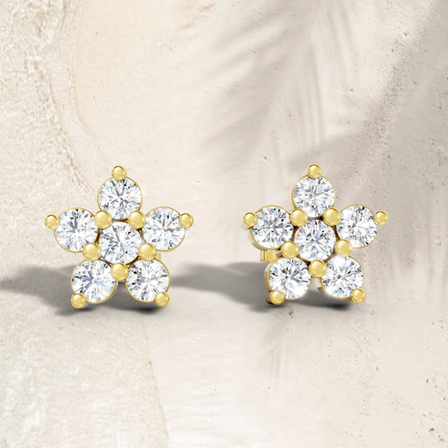 14K Gold Round Cut Diamond Flower Cluster Stud Earring