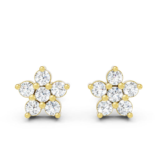 14K Gold Round Cut Diamond Flower Cluster Stud Earring