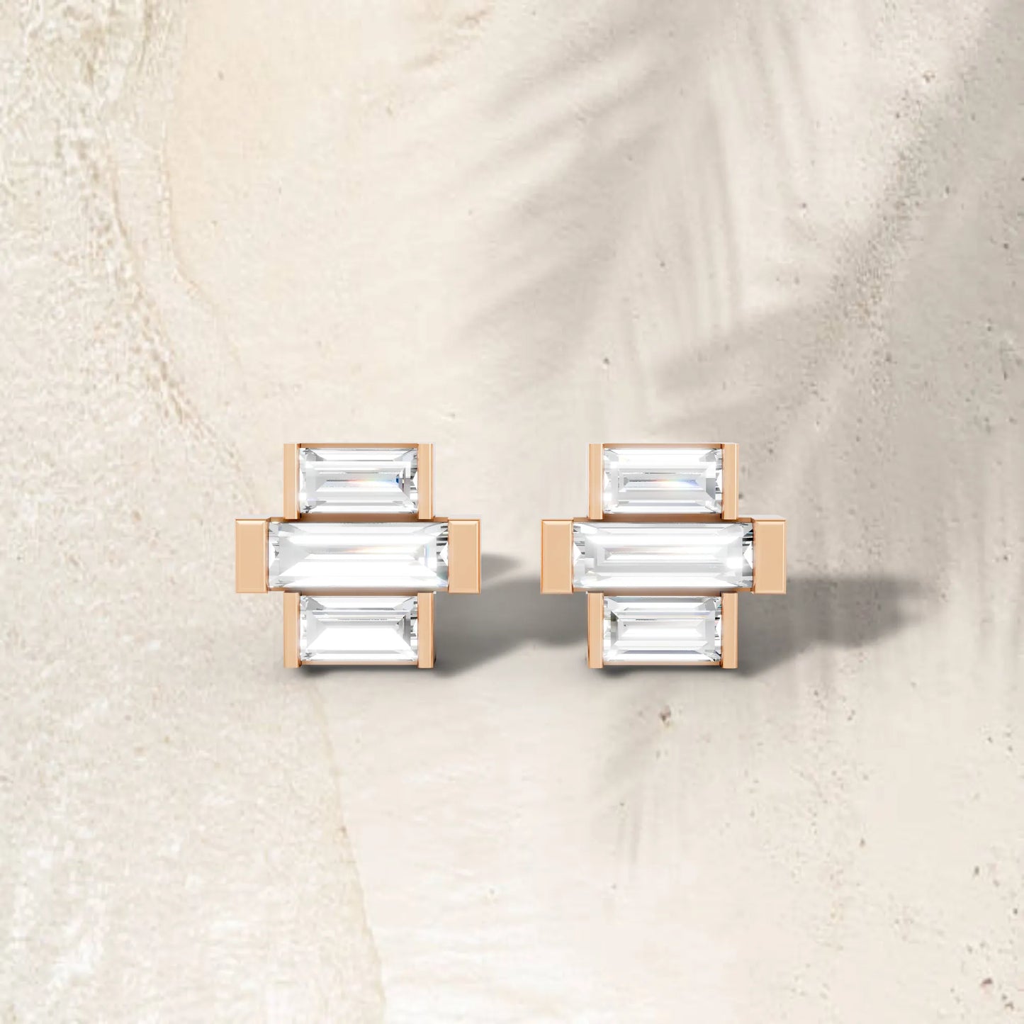 14K Gold Baguette Cut Diamond Cross Cluster Stud Earring