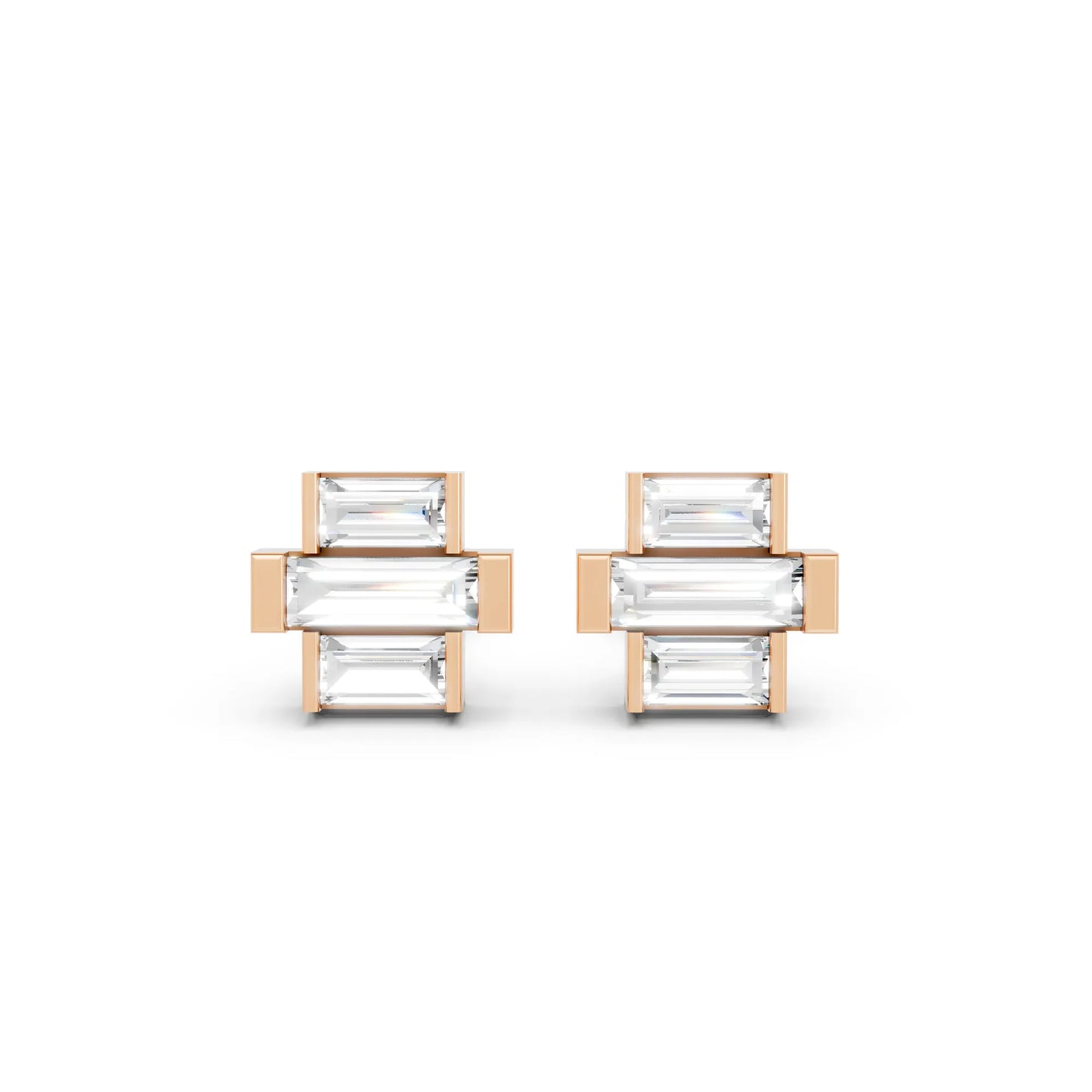 14K Gold Baguette Cut Diamond Cross Cluster Stud Earring