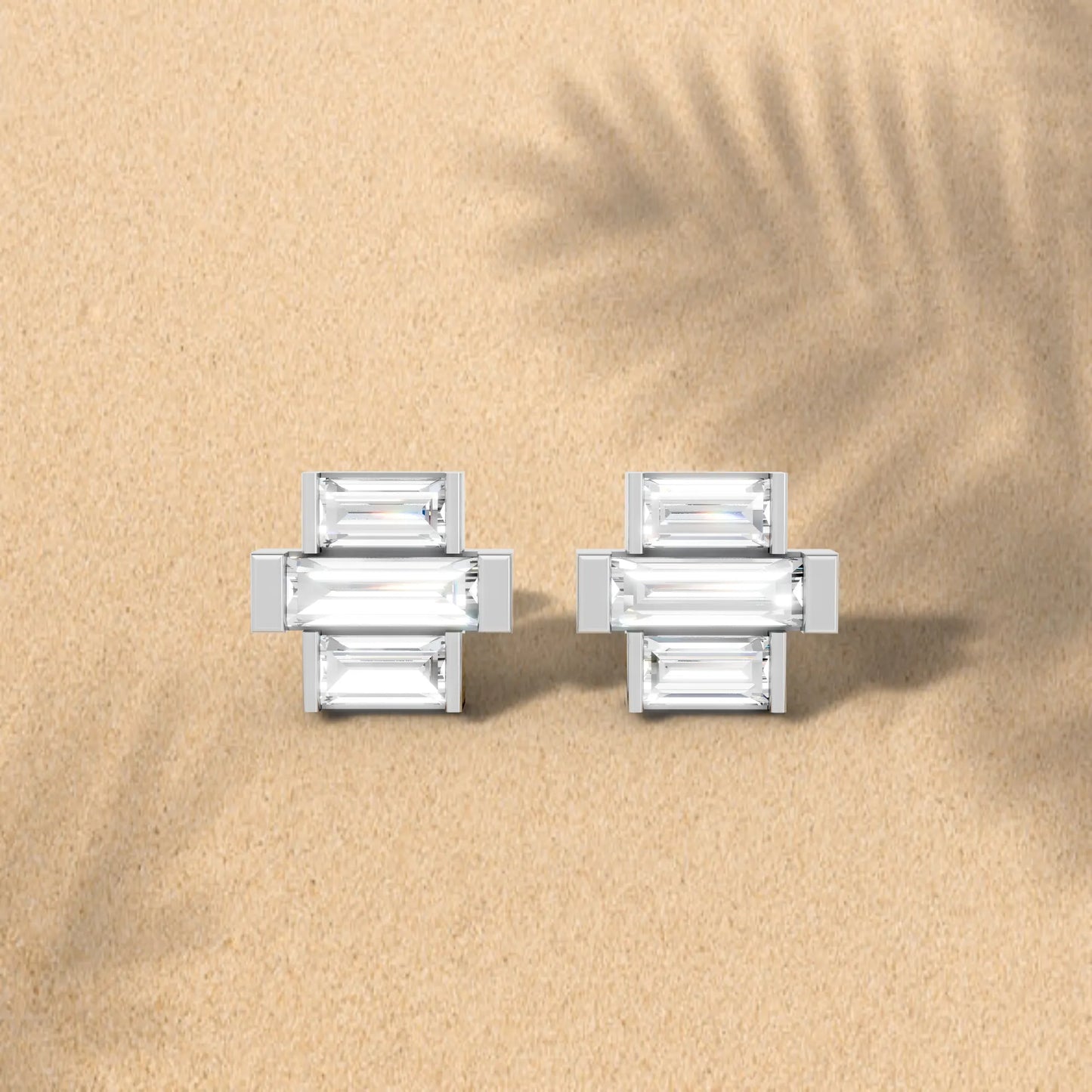 14K Gold Baguette Cut Diamond Cross Cluster Stud Earring