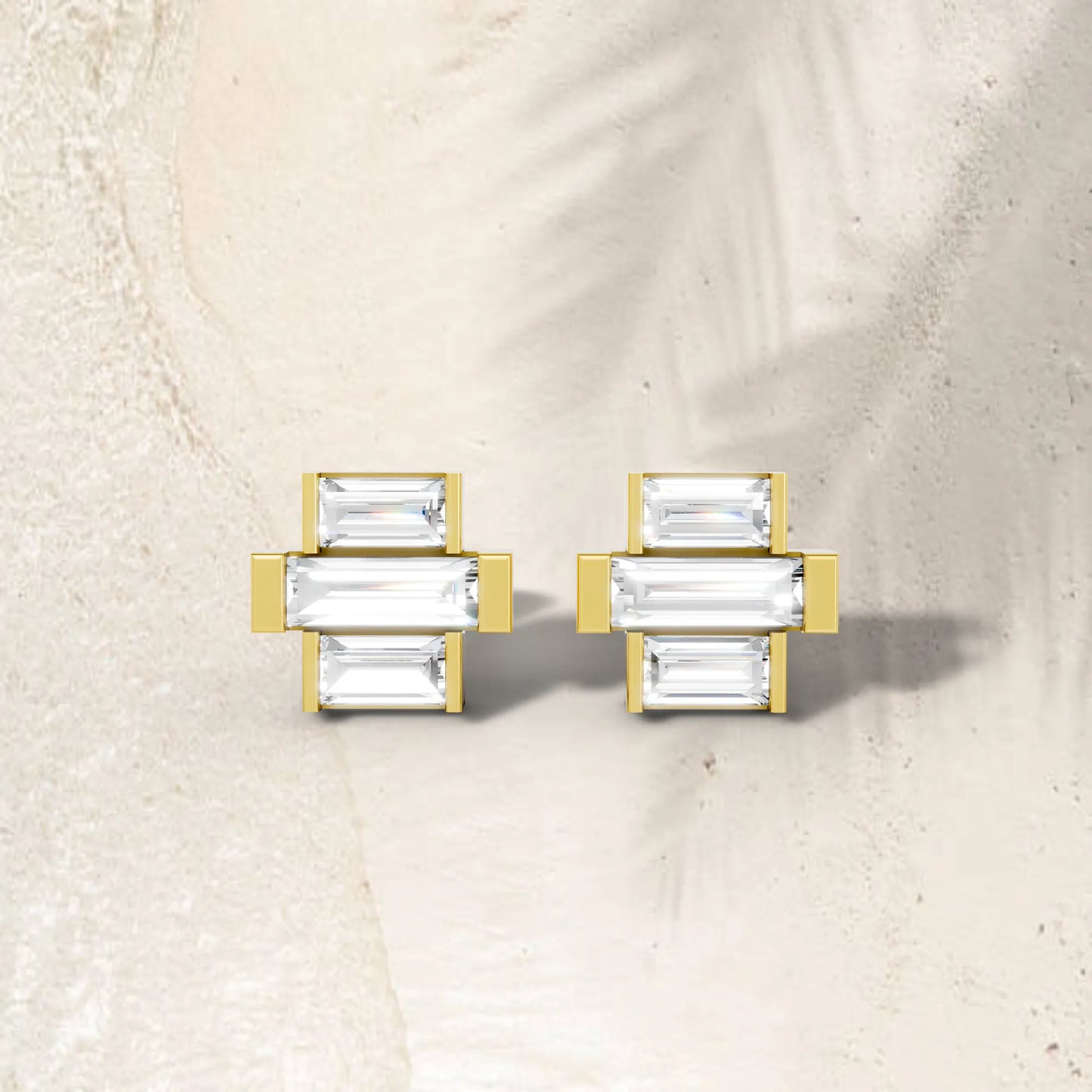 14K Gold Baguette Cut Diamond Cross Cluster Stud Earring