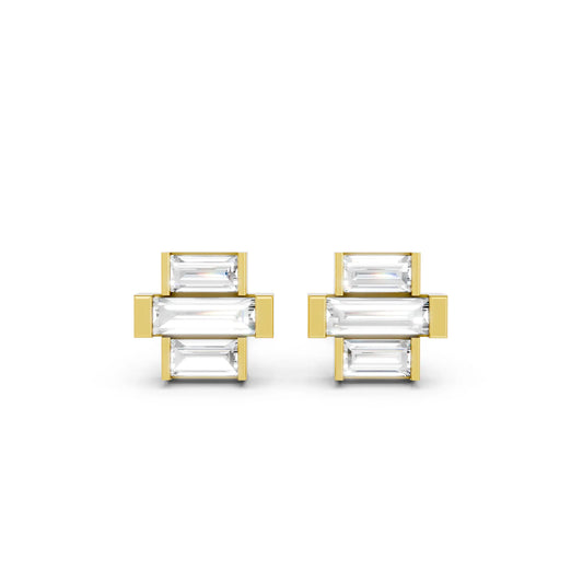 14K Gold Baguette Cut Diamond Cross Cluster Stud Earring