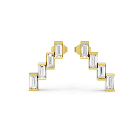 14K Gold Baguette Cut Diamond Zig Zag Cluster Stud Earring