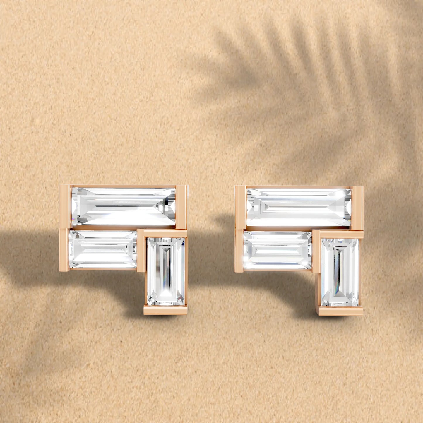 14K Gold Baguette Cut Diamond Corner Cluster Stud Earring