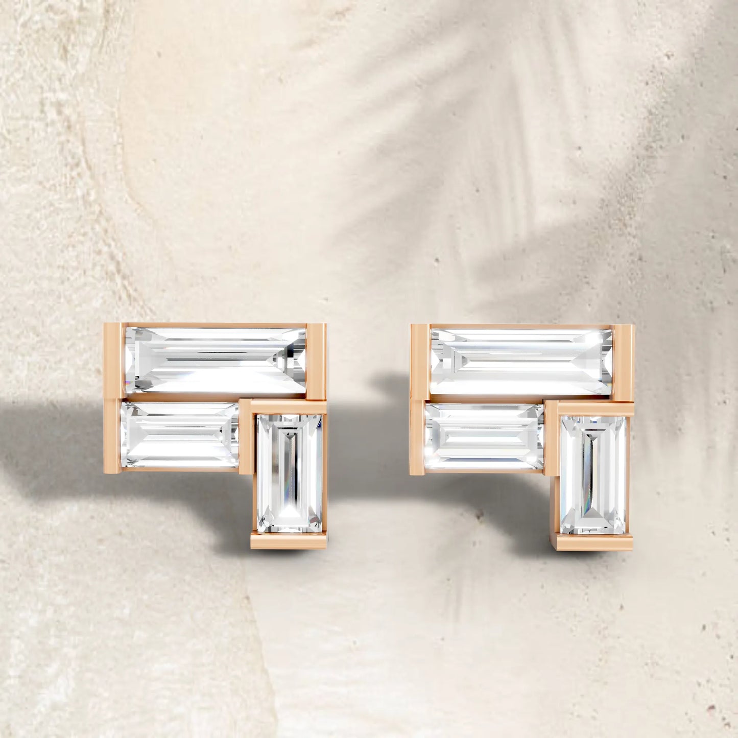 14K Gold Baguette Cut Diamond Corner Cluster Stud Earring