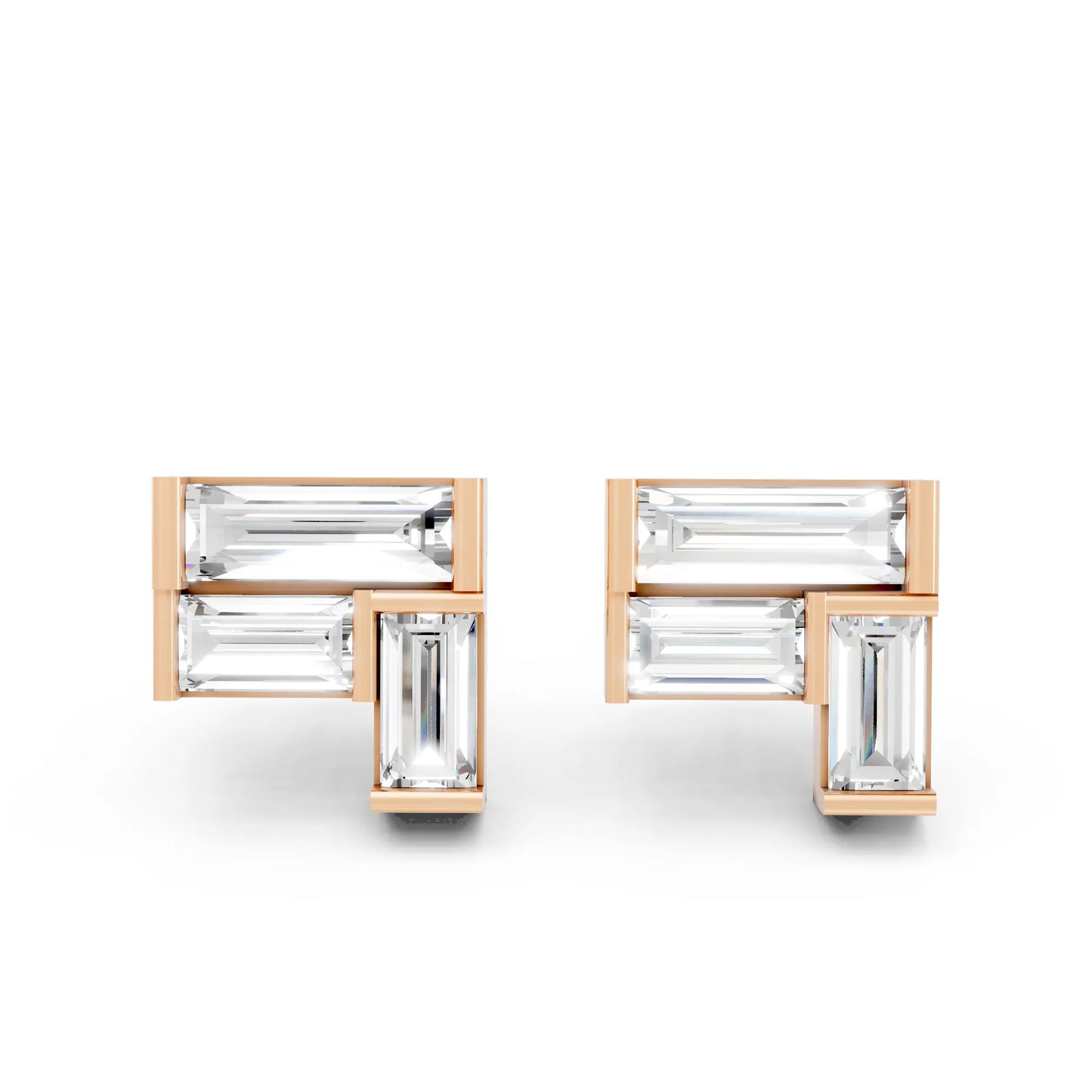 14K Gold Baguette Cut Diamond Corner Cluster Stud Earring