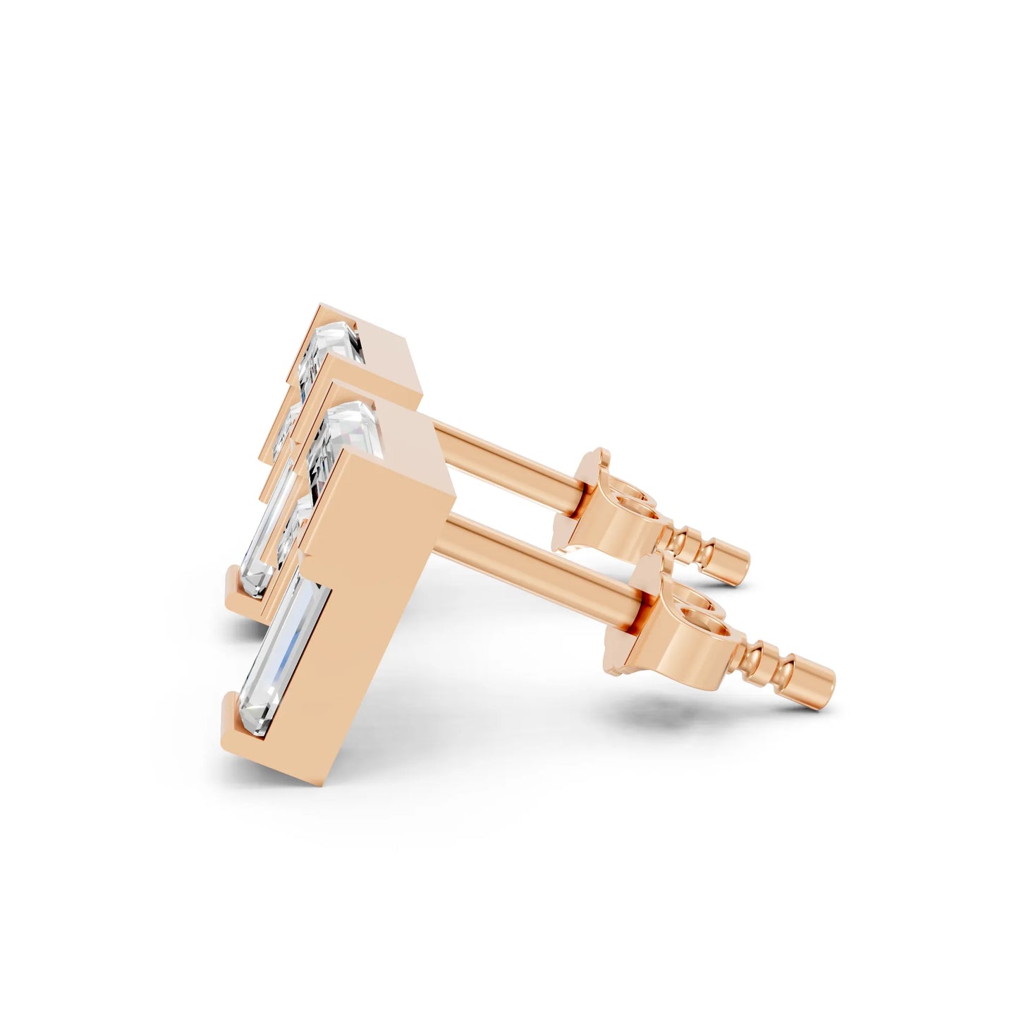 14K Gold Baguette Cut Diamond Corner Cluster Stud Earring