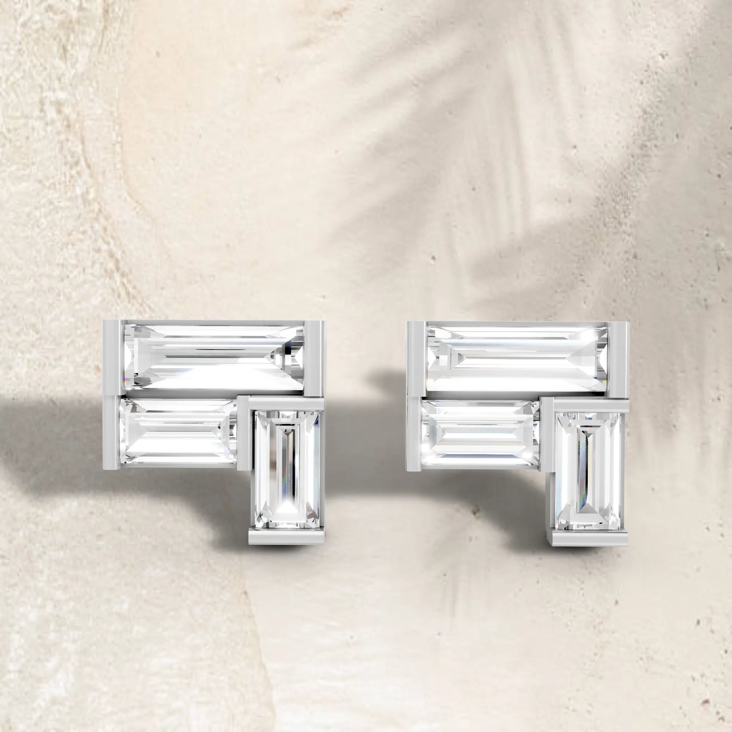 14K Gold Baguette Cut Diamond Corner Cluster Stud Earring