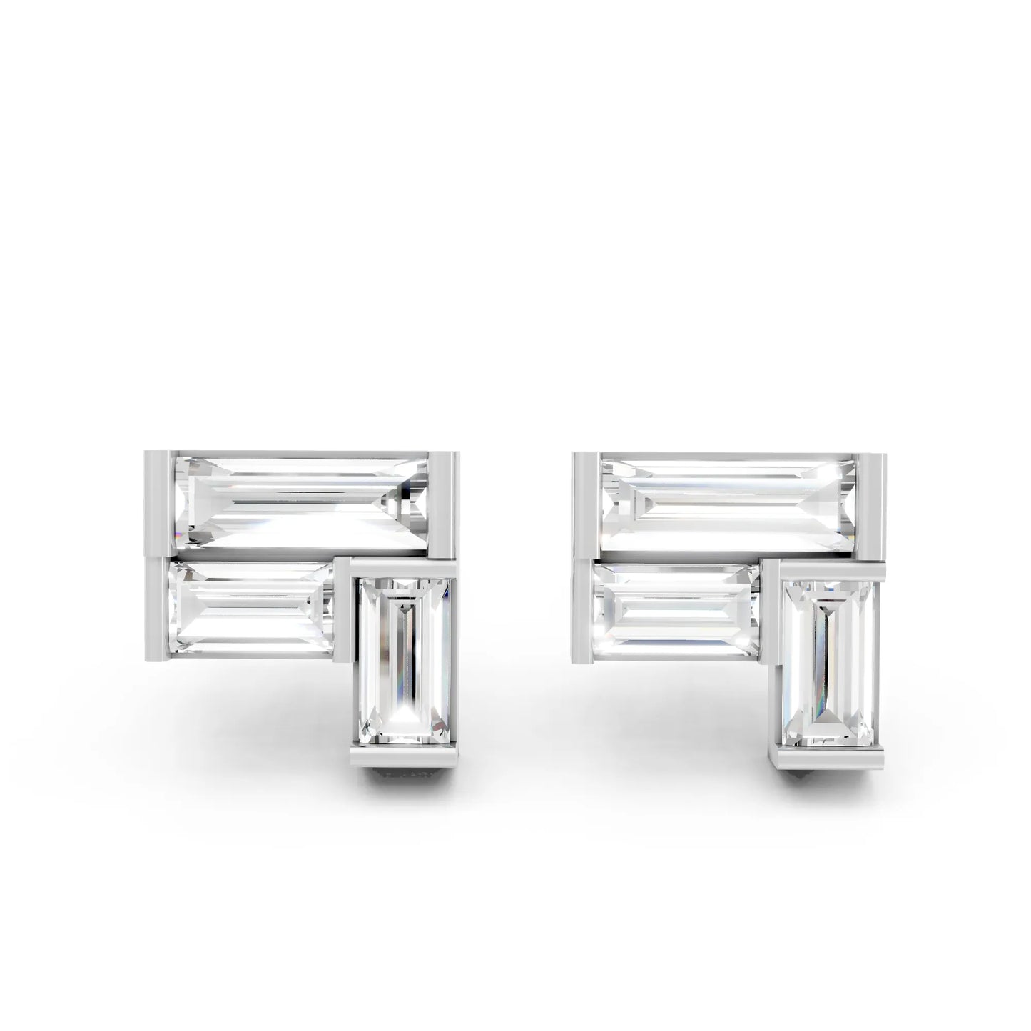 14K Gold Baguette Cut Diamond Corner Cluster Stud Earring