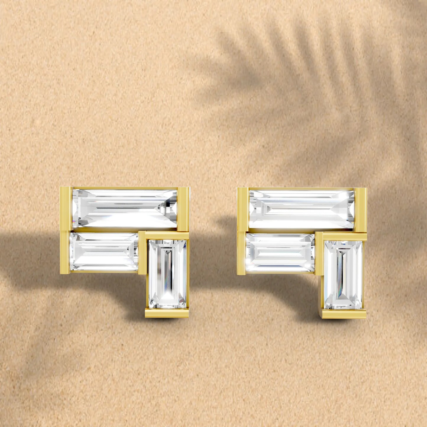 14K Gold Baguette Cut Diamond Corner Cluster Stud Earring
