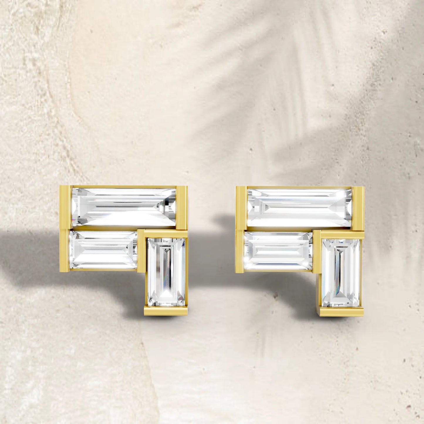 14K Gold Baguette Cut Diamond Corner Cluster Stud Earring
