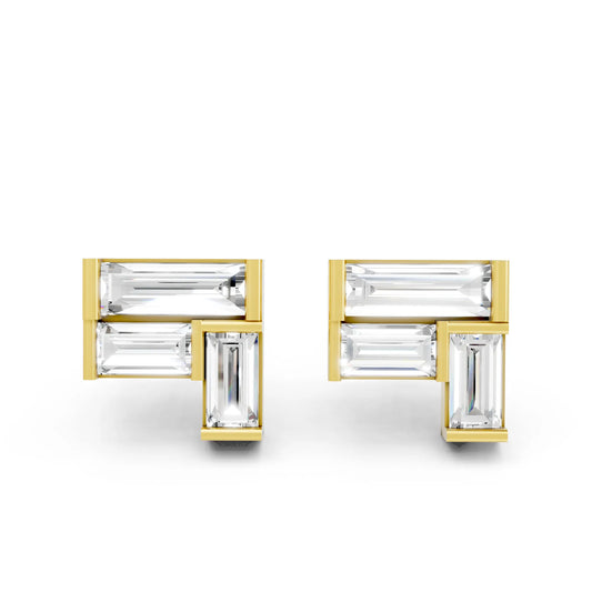 14K Gold Baguette Cut Diamond Corner Cluster Stud Earring