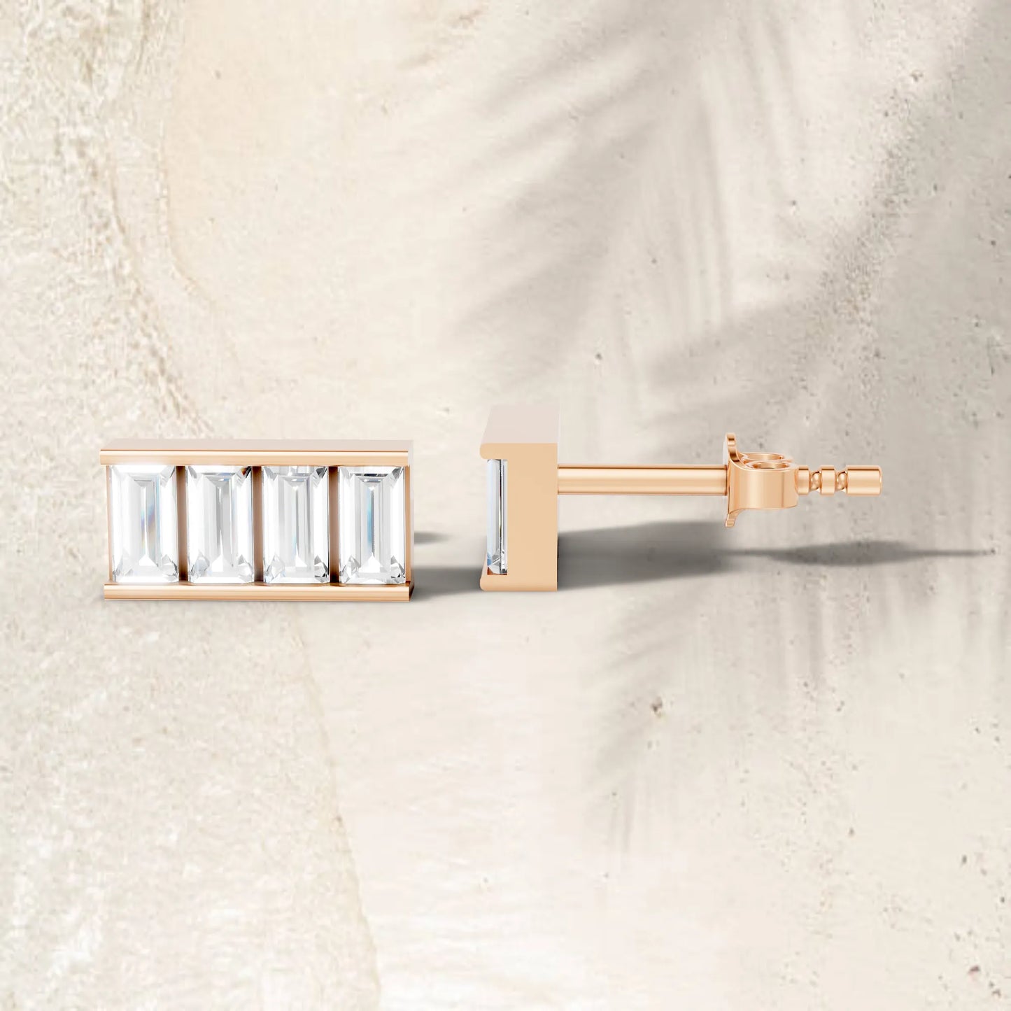 14K Gold Baguette Cut Diamond Bar Cluster Stud Earring