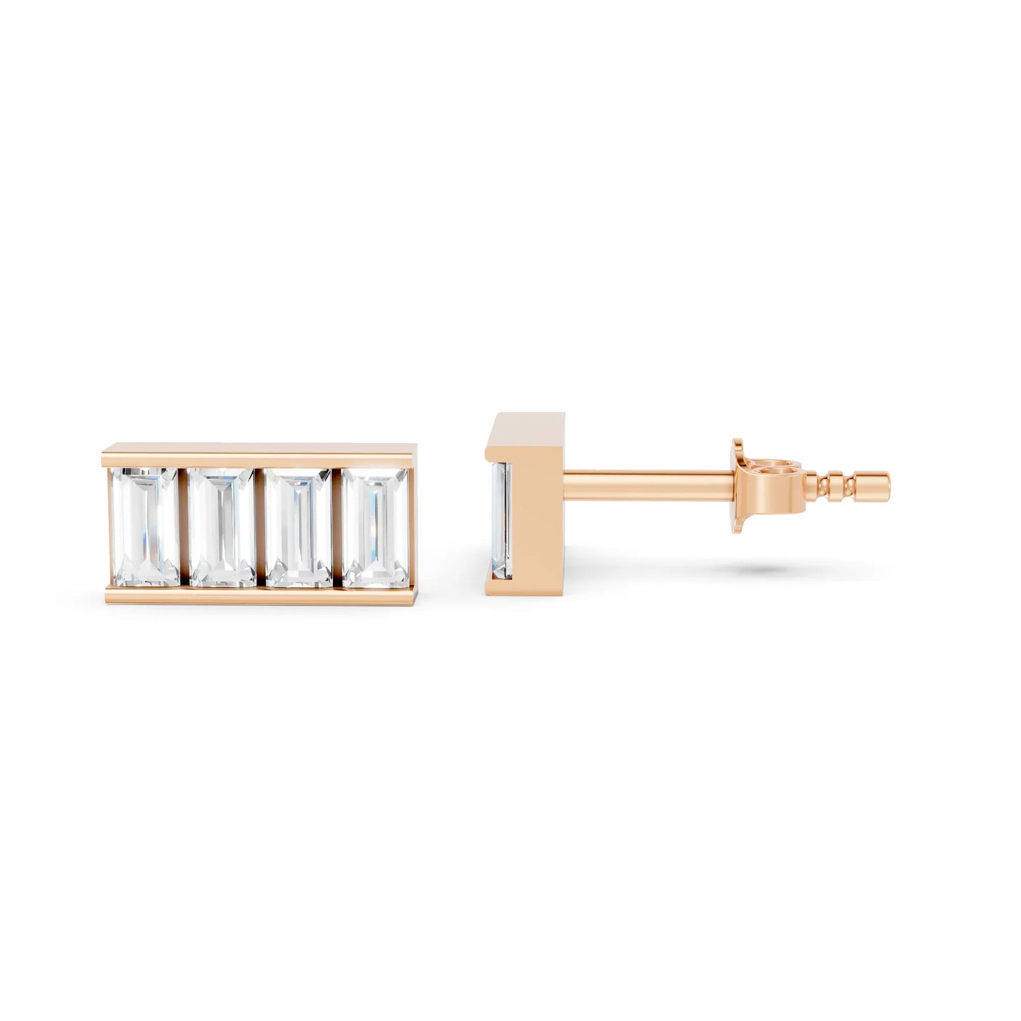14K Gold Baguette Cut Diamond Bar Cluster Stud Earring