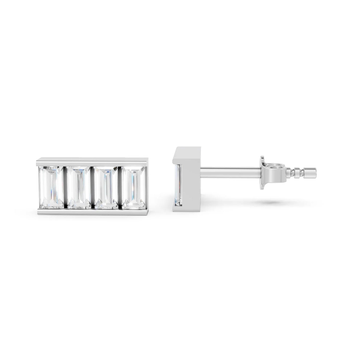 14K Gold Baguette Cut Diamond Bar Cluster Stud Earring