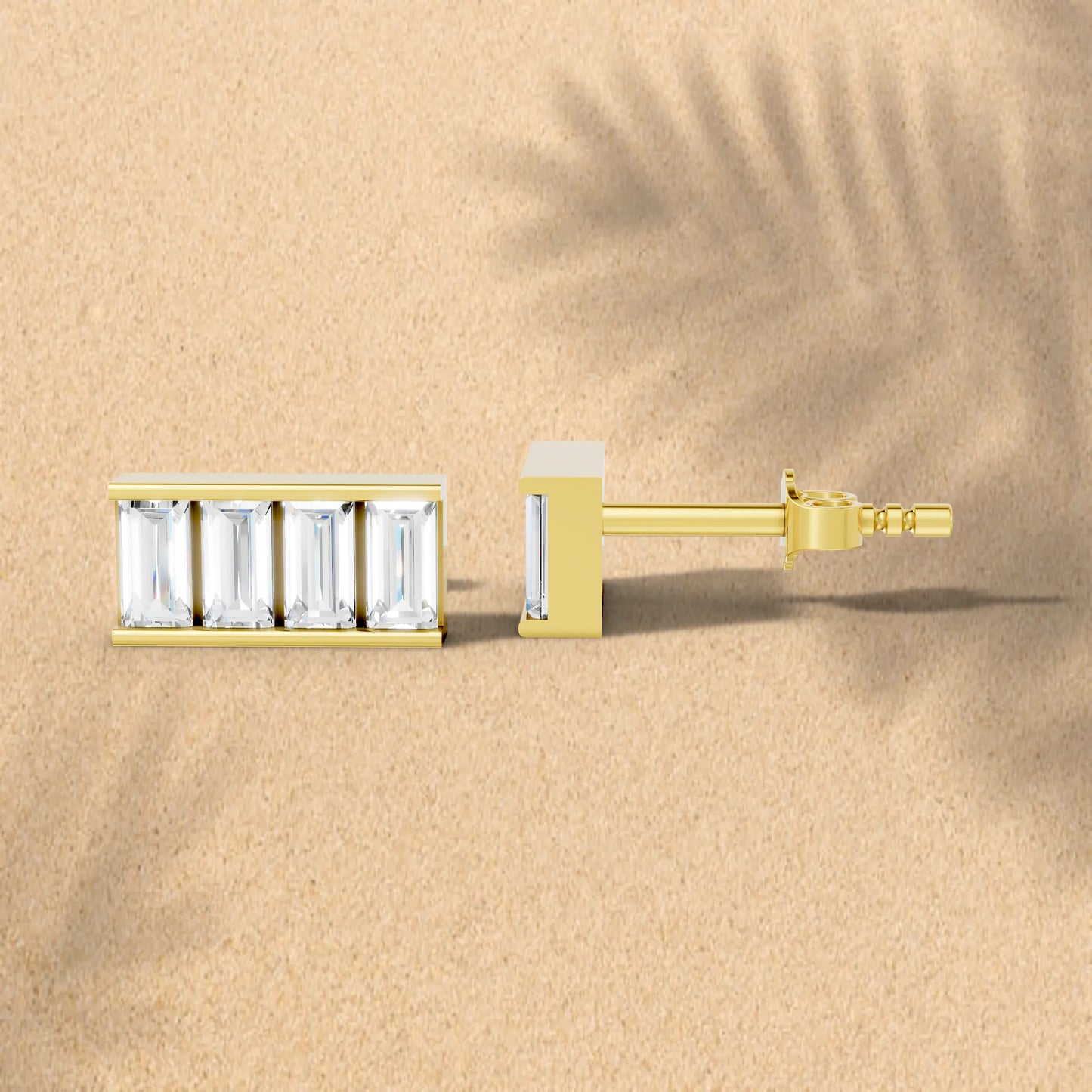 14K Gold Baguette Cut Diamond Bar Cluster Stud Earring