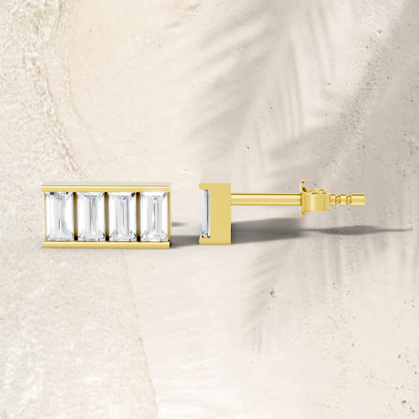 14K Gold Baguette Cut Diamond Bar Cluster Stud Earring