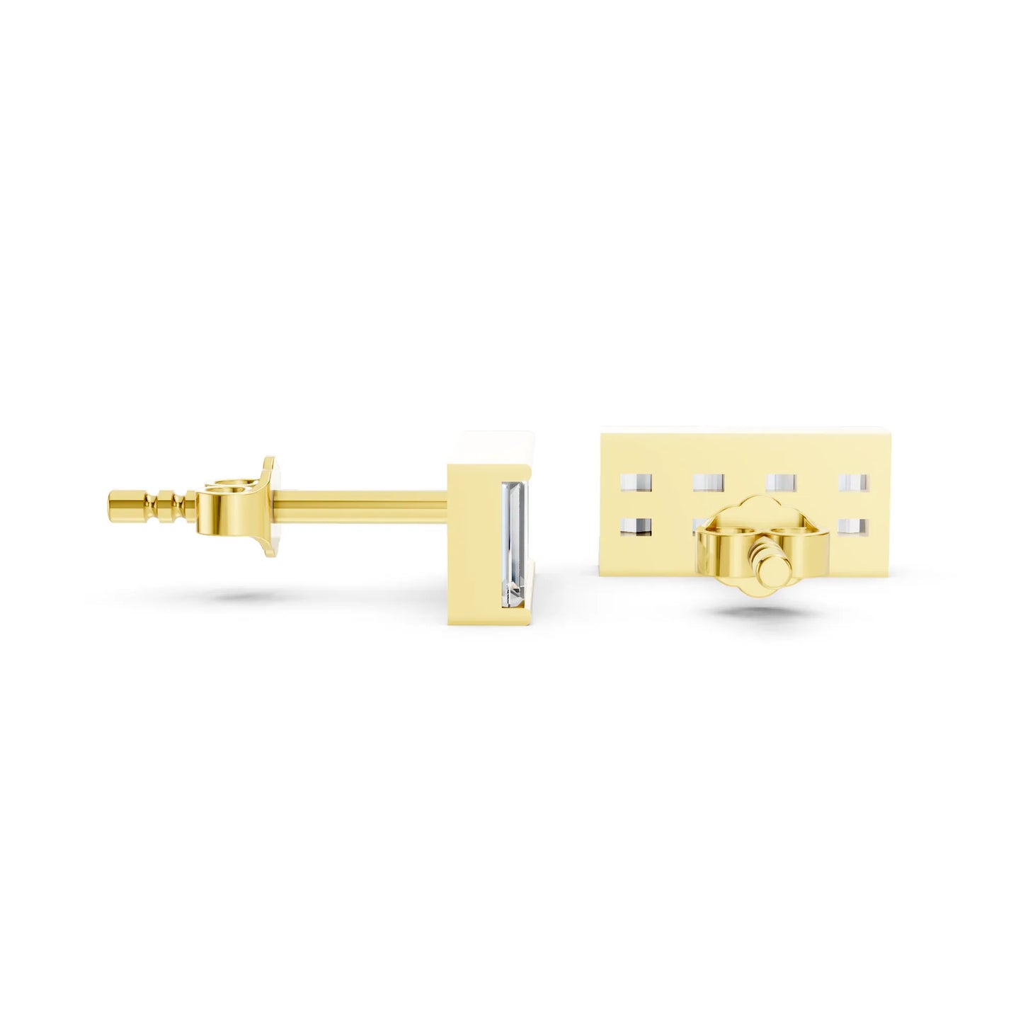 14K Gold Baguette Cut Diamond Bar Cluster Stud Earring