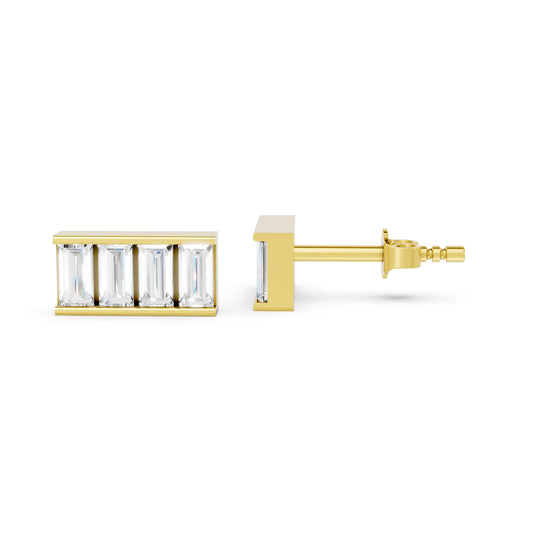 14K Gold Baguette Cut Diamond Bar Cluster Stud Earring