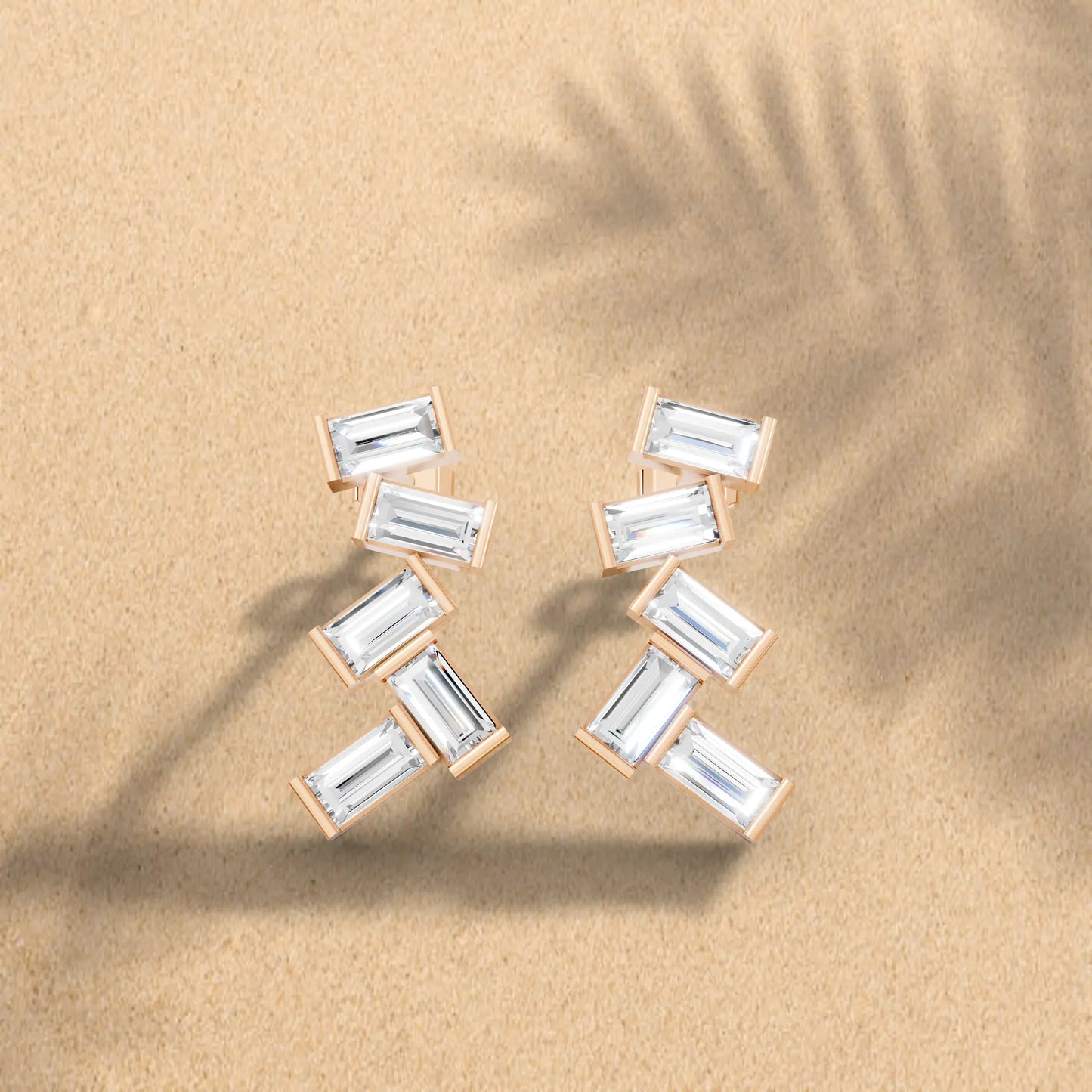 14K Gold Baguette Cut Diamond Zig Zag Cluster Drop Stud Earring