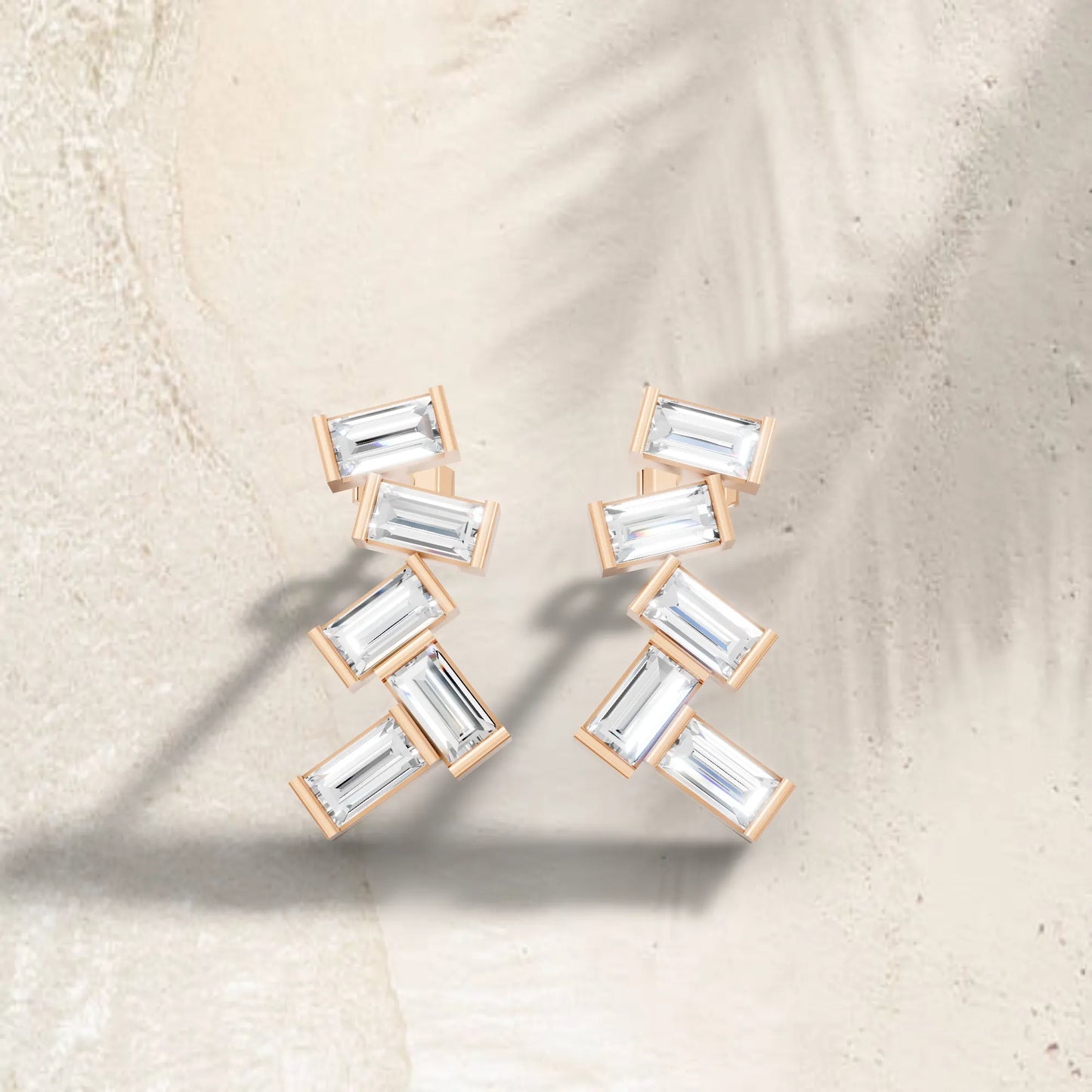 14K Gold Baguette Cut Diamond Zig Zag Cluster Drop Stud Earring