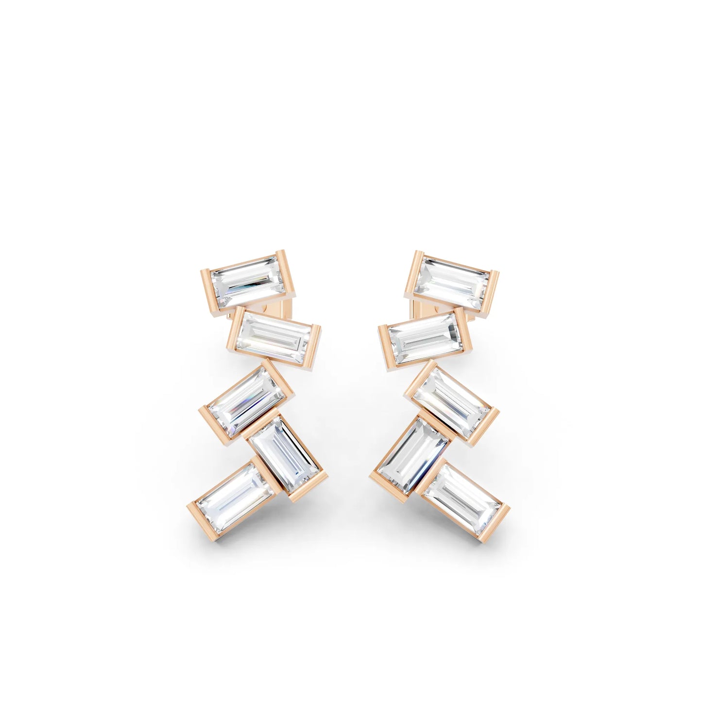 14K Gold Baguette Cut Diamond Zig Zag Cluster Drop Stud Earring