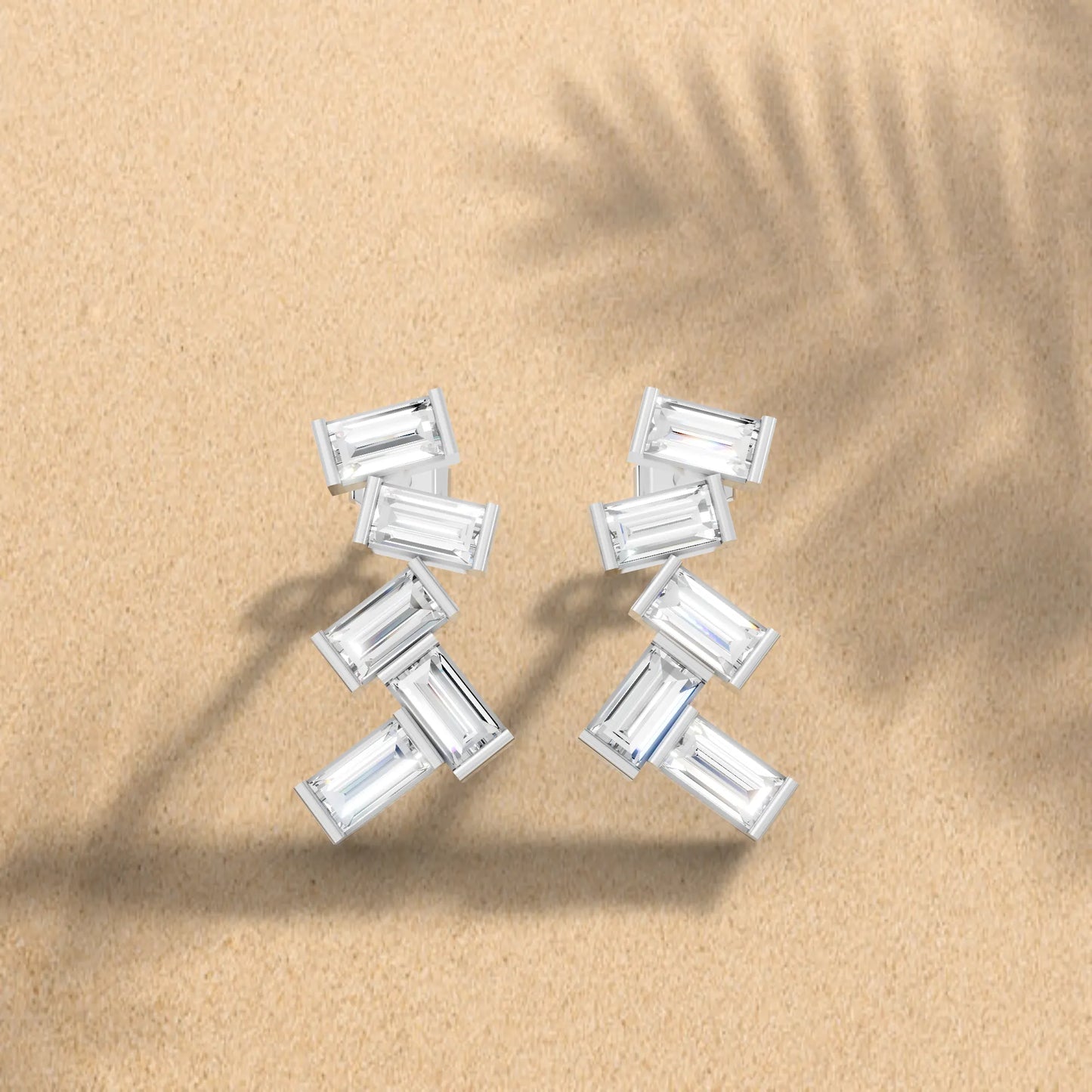 14K Gold Baguette Cut Diamond Zig Zag Cluster Drop Stud Earring