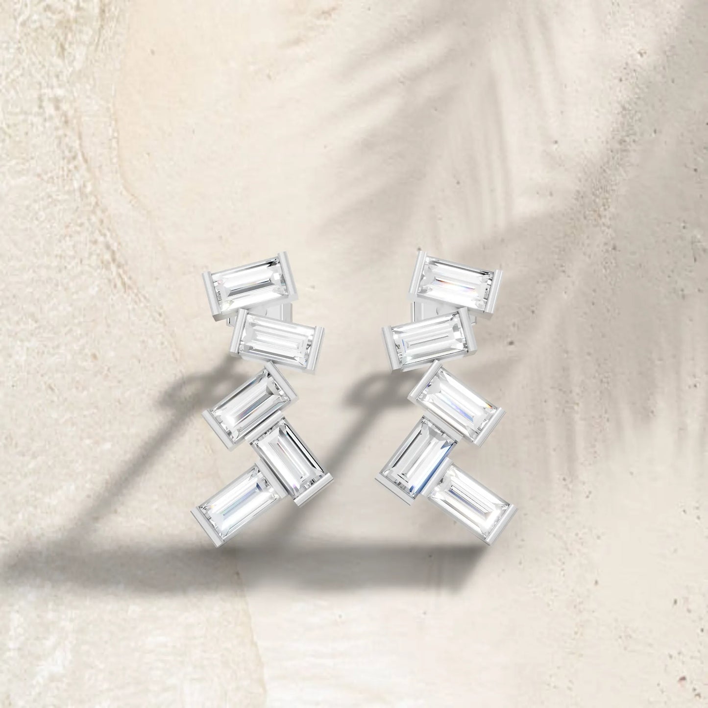 14K Gold Baguette Cut Diamond Zig Zag Cluster Drop Stud Earring