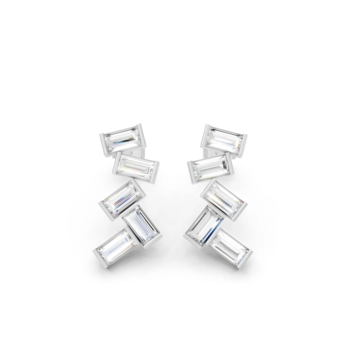 14K Gold Baguette Cut Diamond Zig Zag Cluster Drop Stud Earring